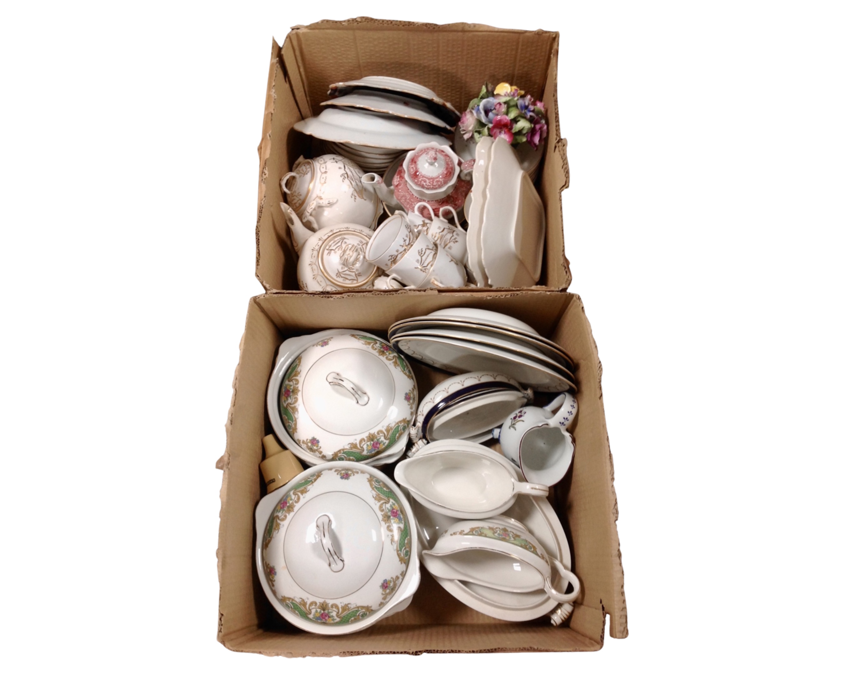 Two boxes containing 19th century tea china, Oriental style wall plates,