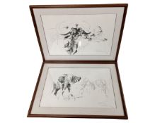 A pair of signed limited edition prints of water buffalo and elephants in frame and mount.