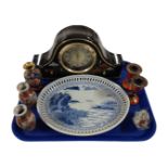 A tray containing Oriental ware including a battery operated mantel clock, Japanese vases,