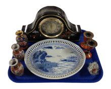A tray containing Oriental ware including a battery operated mantel clock, Japanese vases,