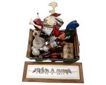 A box containing contemporary metal ornaments, a miniature rocking horse, jewellery casket,