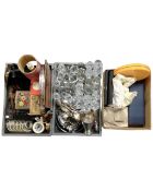 Two crates and a box containing vintage electricals, ashettes, silver plated pieces, table linen,