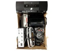 A box containing a Majority CD music centre, a Tarren power supply,