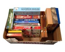 A box containing strategy board games, a backgammon set etc.