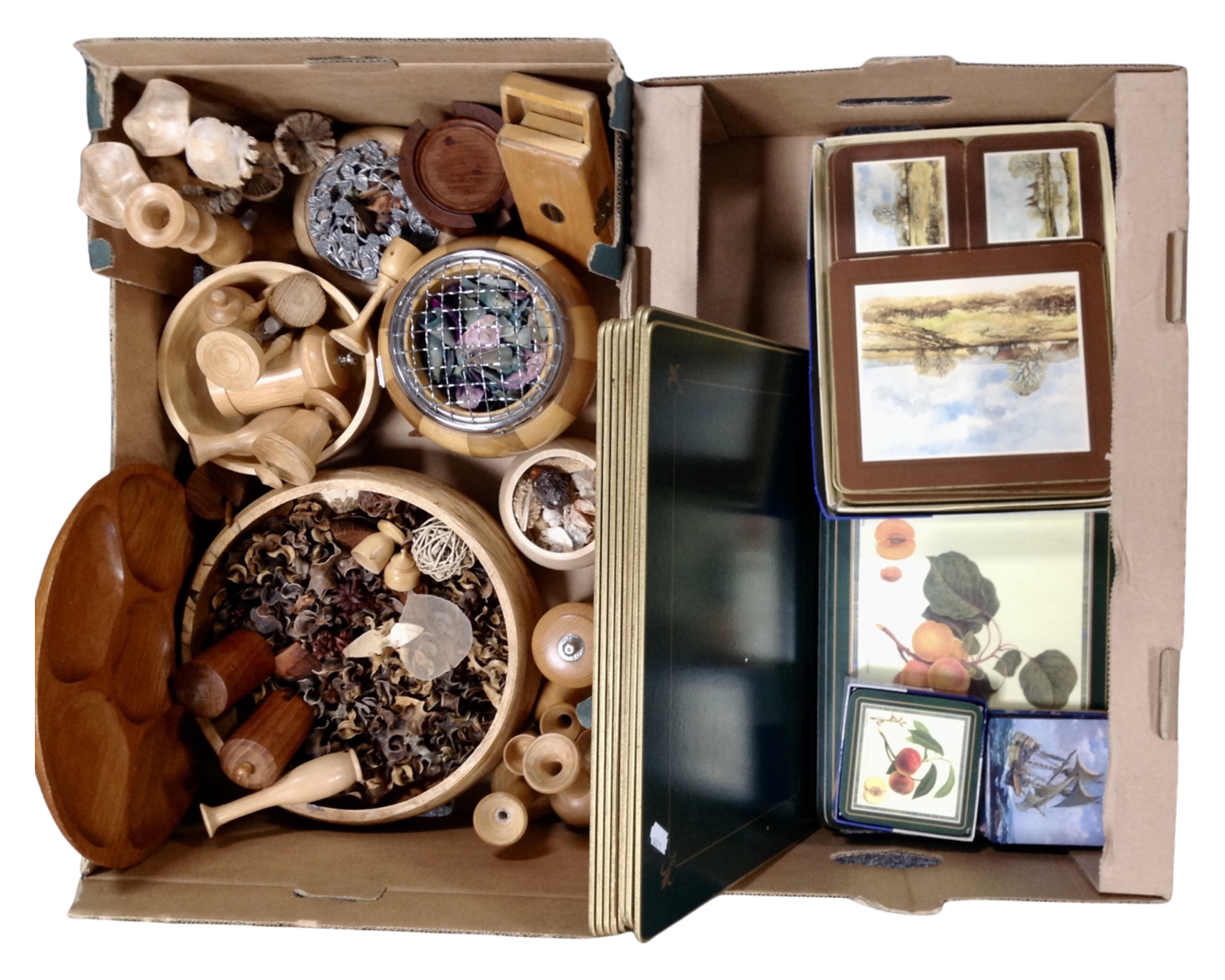 Two boxes containing place mats and coasters together with treen items including rose bowls,