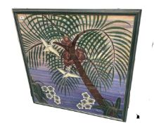 A colour print on textile depicting a palm tree, 95cm by 95cm.