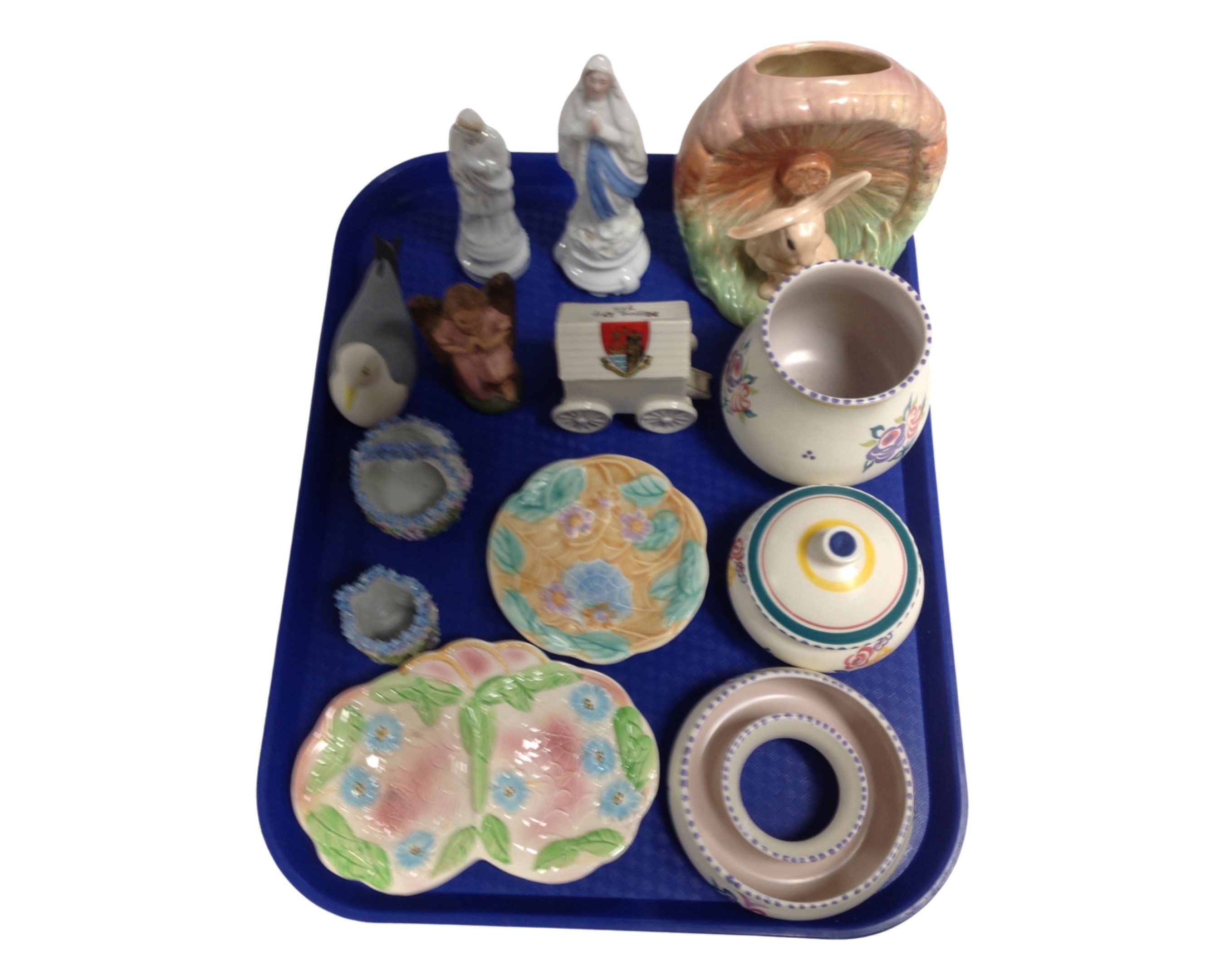 A tray containing assorted ceramics including Poole pottery, Sylvac bunny vase, dishes etc.