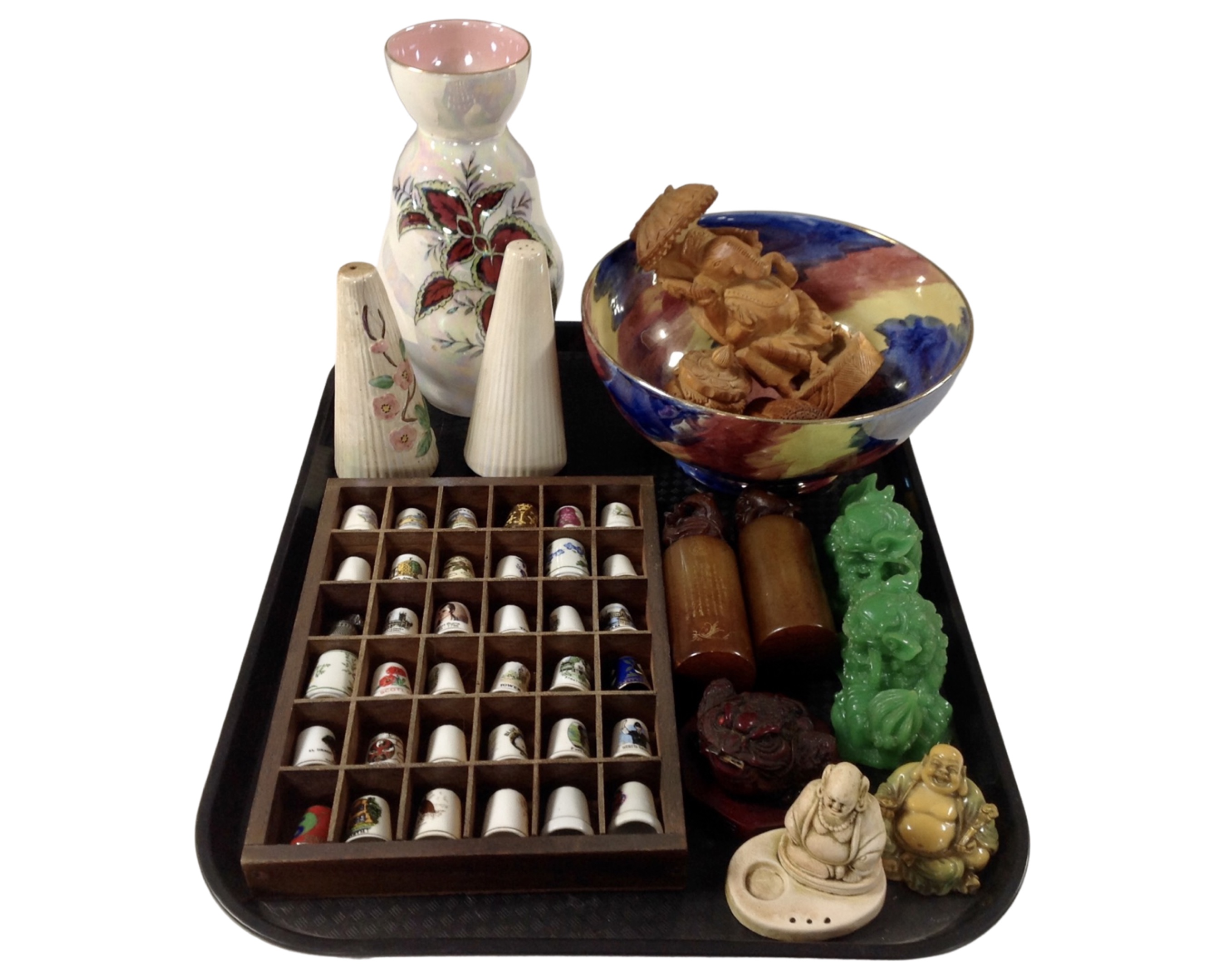 A tray containing Oriental resin figures, a Maling storm pattern bowl and Maling vase,