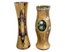Two Bohemian glass vases in red and green colour way,