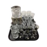 A tray containing assorted drinking glasses including lead crystal whiskey tumblers and a boxed