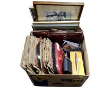 Two boxes containing 78s, pictures, a leather briefcase, camera, a DAB radio, hobby and craft kit,
