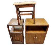 An oak linenfold bedside cabinet, a further double door cabinet and a stool.