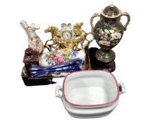 A box containing decorative china including a horse mantel clock, Italian ewer,