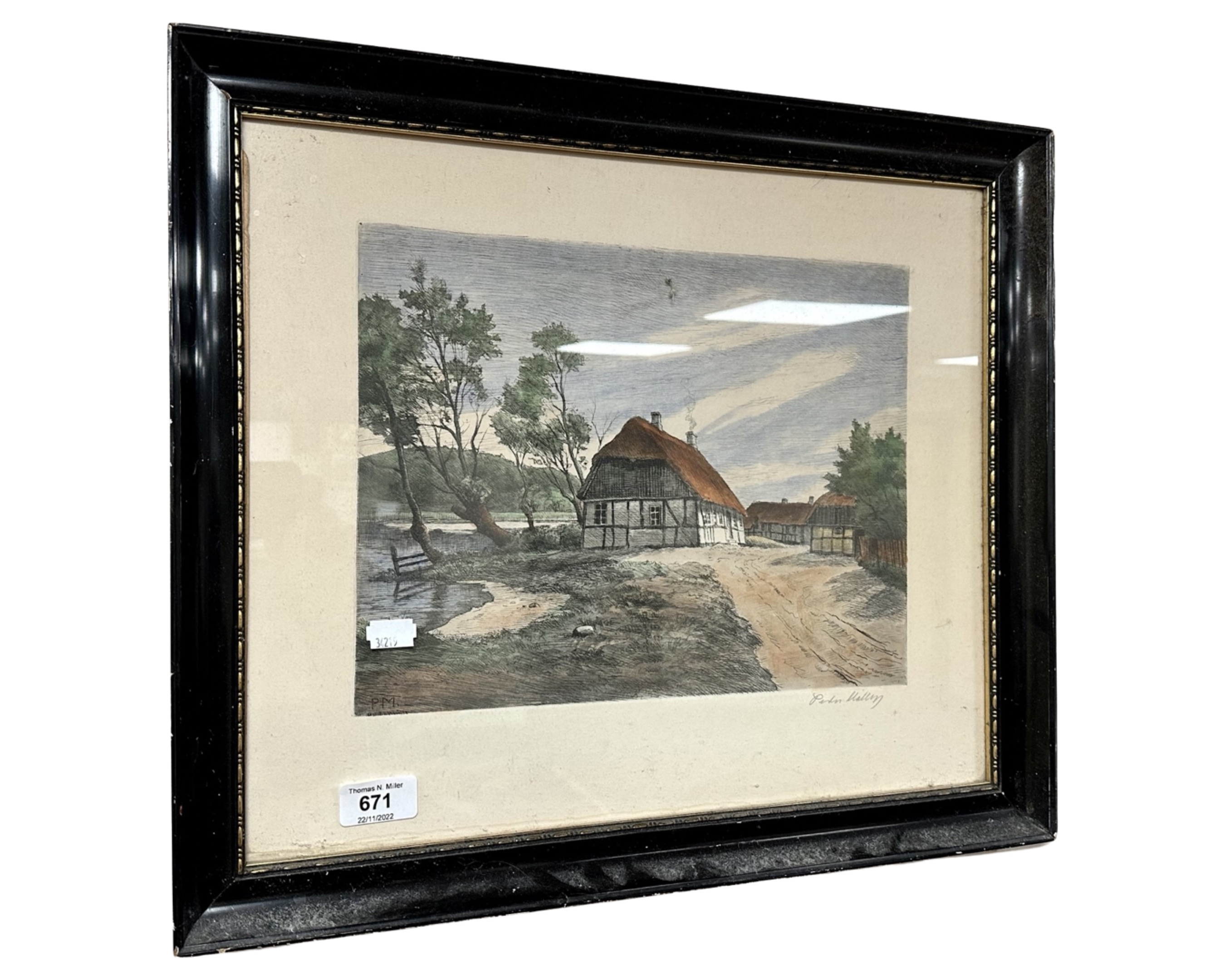 A hand coloured etching depicting a thatched cottage, indistinctly signed, 32cm by 25cm.