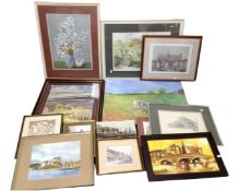 A quantity of assorted pictures and prints including an oil on panel depicting children in a poppy