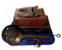 A tray containing two vintage wooden table boxes, a horseshoe in leather case,