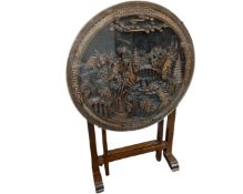 A Chinese occasional table/screen with carved frieze panel top.