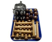 A tray containing a set of Bobbin skittles in canvas bag together with two sets of boules.