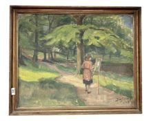 Continental school : Lady painting in a forest, oil on canvas, 64cm by 51cm.