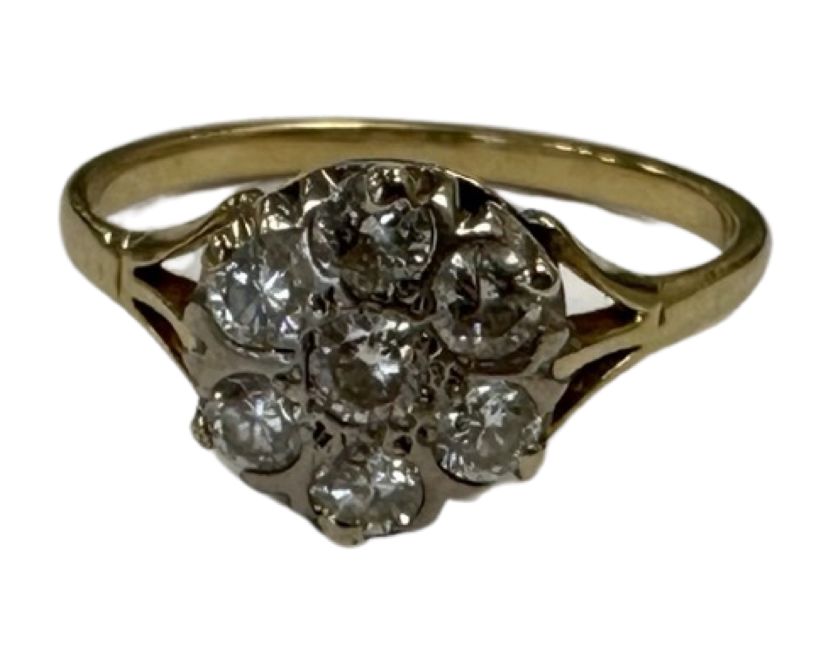 A yellow gold diamond cluster ring, shank unmarked, the total diamond weight estimated at 0.