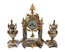 A decorative French Gouat gilt metal and marble three piece clock garniture with enamelled dial.
