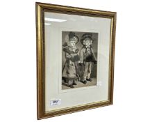 A Victorian monochrome print depicting two children, 15cm by 21cm.