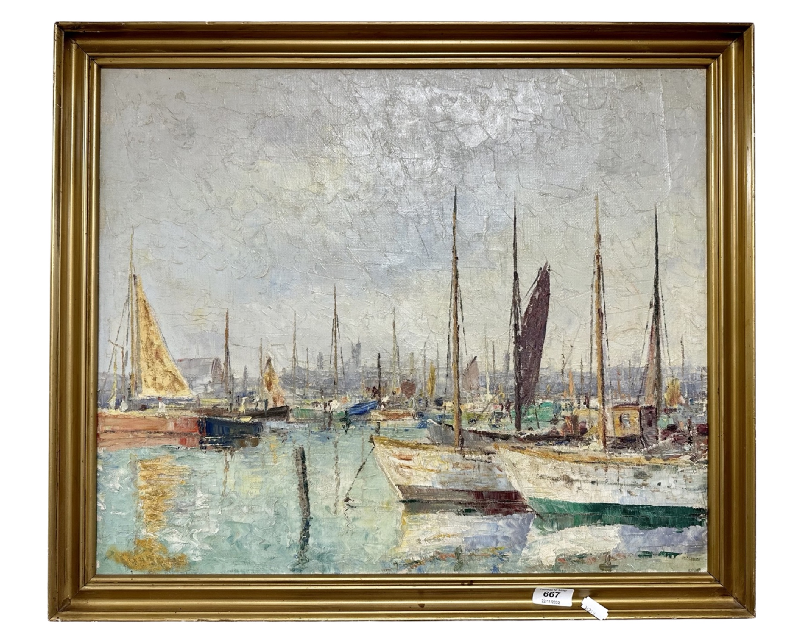 Continental school : Sailing boats in a harbour, oil on canvas, 59cm by 49cm.