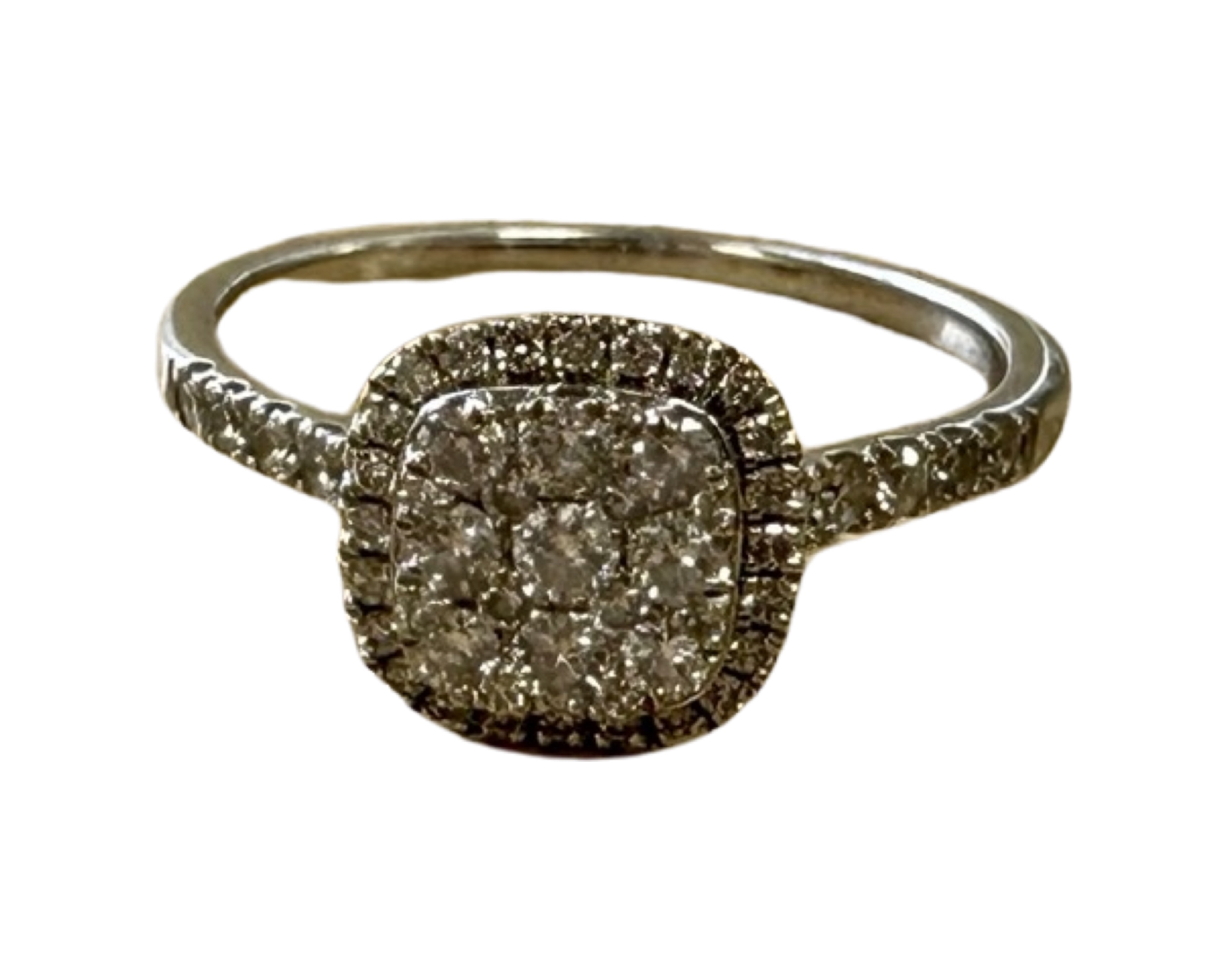 A 9ct white gold diamond encrusted cluster ring, size S, 3g.