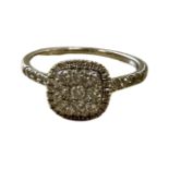 A 9ct white gold diamond encrusted cluster ring, size S, 3g.