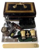 A tray containing a vintage cash box, opera glasses, miniature bottles, a vintage corkscrew,