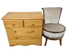 A pine two-over-three five drawer chest together with a mid-20th century bedroom chair.