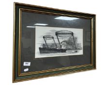 After P. Bainbridge : Boats on a river, monochrome print, in frame and mount, 37cm by 20cm.