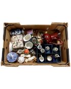 A box containing assorted ceramics including Wade character jugs, Copeland Spode Italian lidded pot,