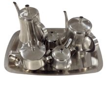 A six piece Japanese stainless steel tea service.