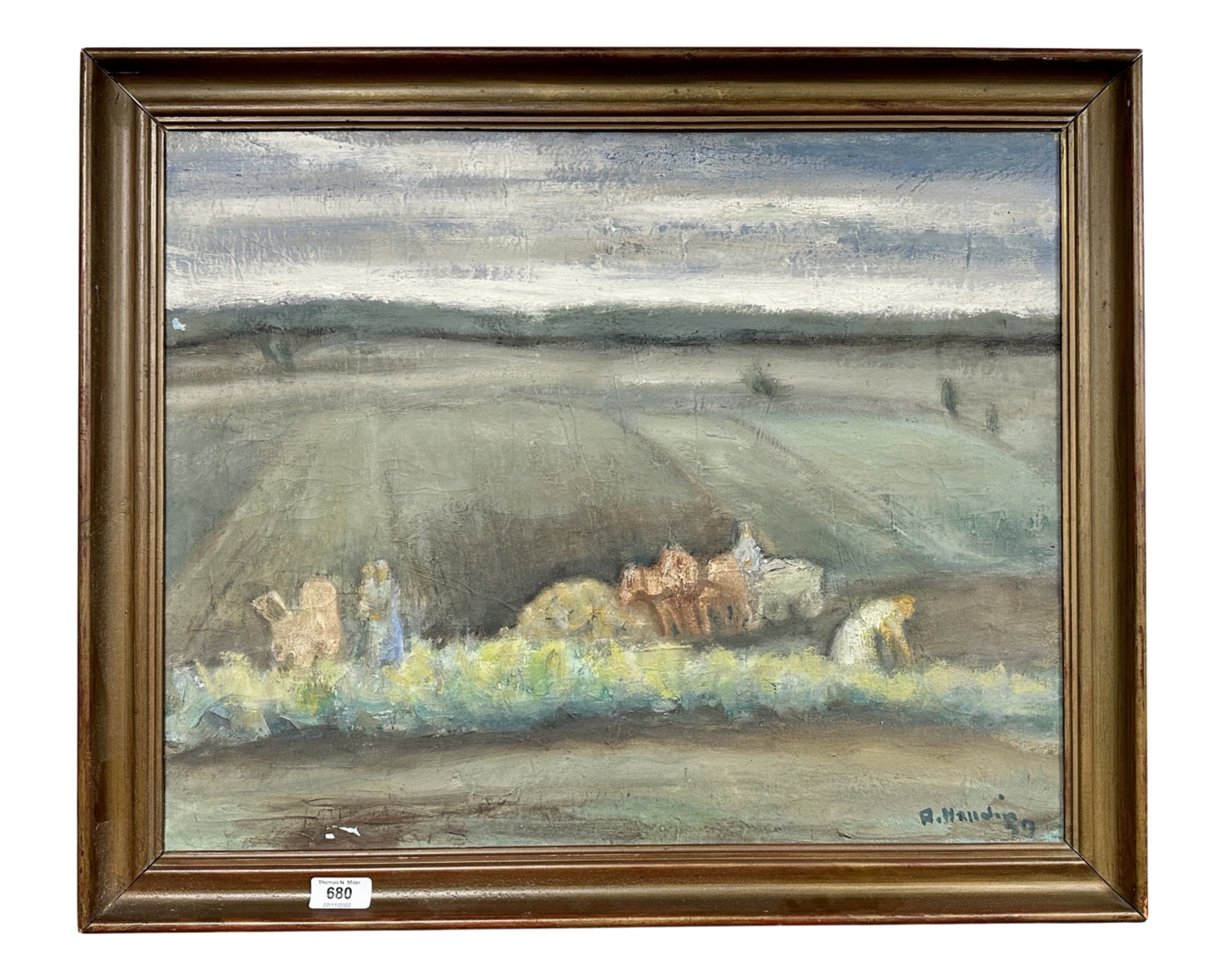 Continental school : Figures in farmland, oil on canvas, 58cm by 46cm.