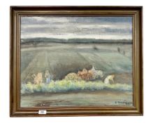 Continental school : Figures in farmland, oil on canvas, 58cm by 46cm.