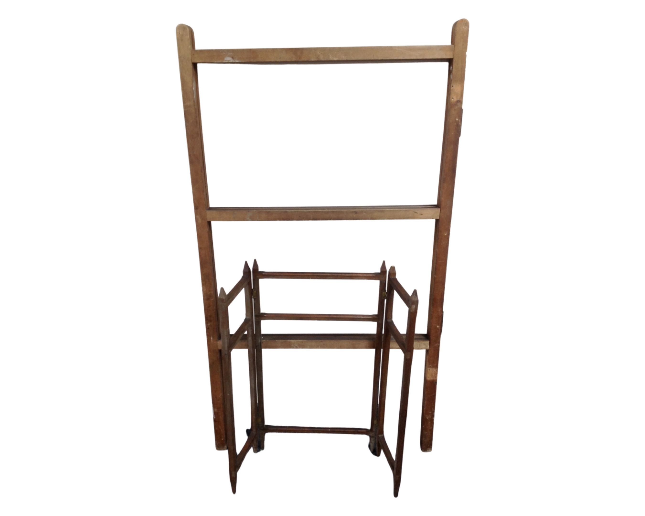 An antique pine folding clothes airer together with a further folding wooden screen.