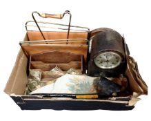 A box containing an Edwardian oak cased mantel clock, a brass and leather magazine rack,