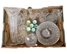A box containing a quantity of glassware including lead crystal vase,