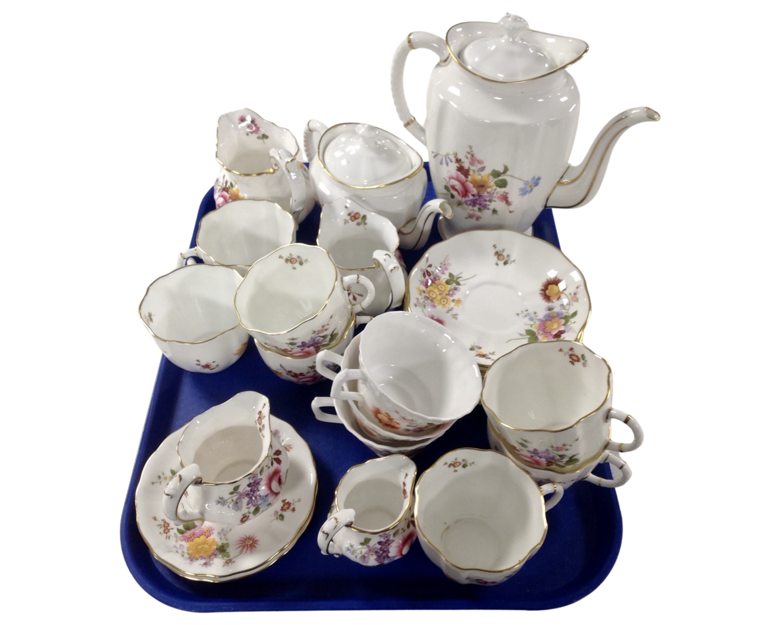 A tray containing 25 pieces of Royal Crown Derby, Derby Posies bone tea china.