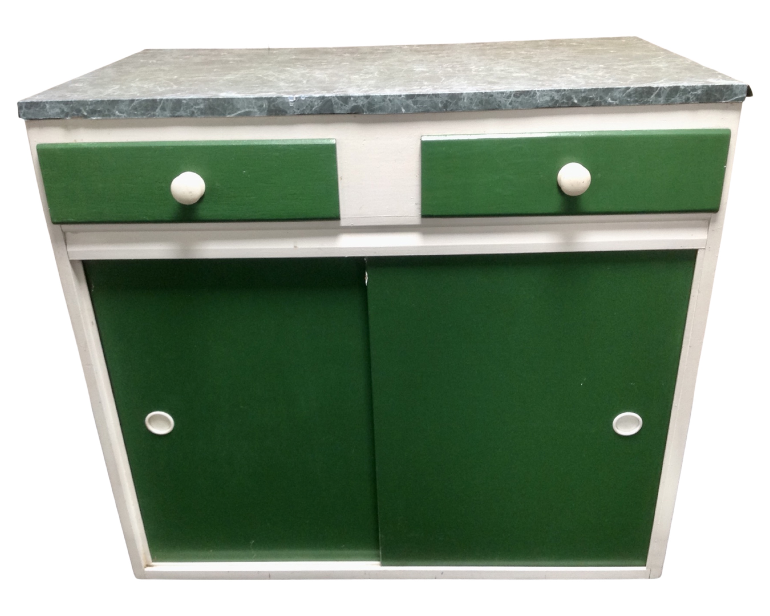 A mid-20th century painted double door kitchen cabinet, fitted with drawers above.