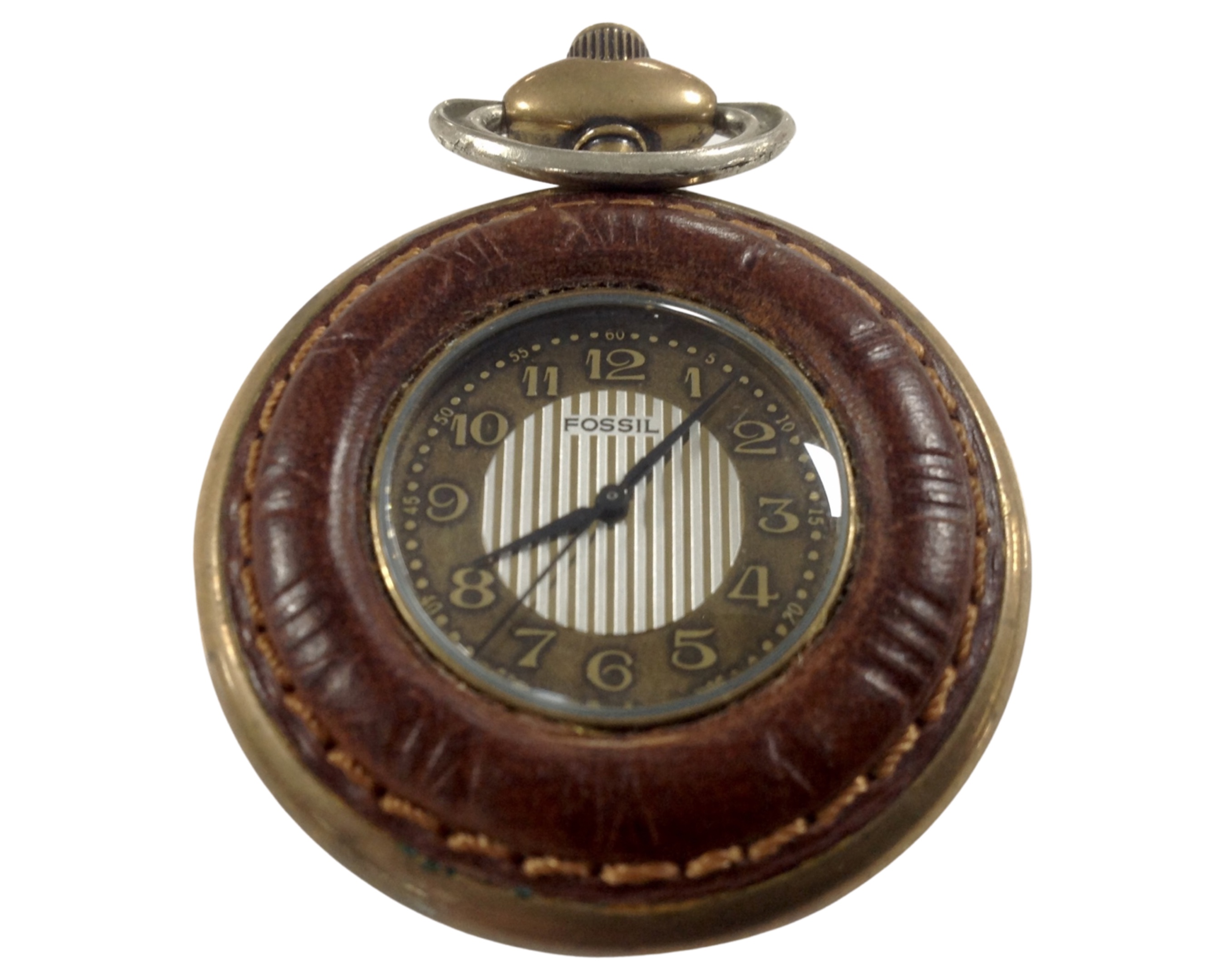 A Fossil metal and leather cased pocket watch.