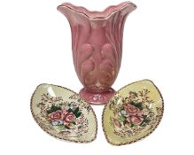 A pink Maling lustre vase together with two further Maling Rosalind oval dishes.