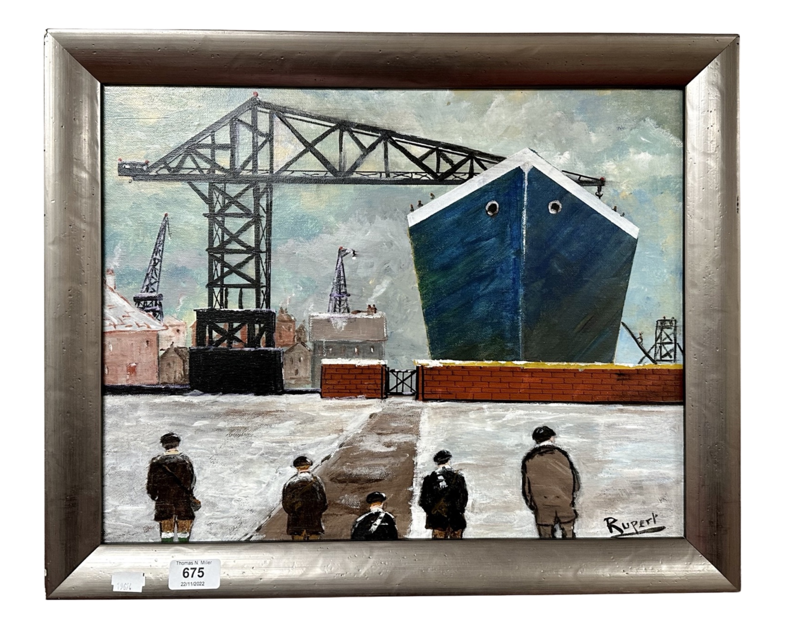 Rupert : Figures in a shipyard, oil on canvas, 45cm by 35cm.