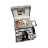 A jewellery box containing costume jewellery, wrist watches, cameo brooch, badges etc.