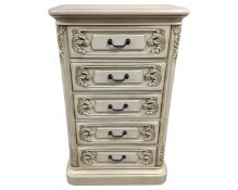 A contemporary narrow cream five drawer chest.