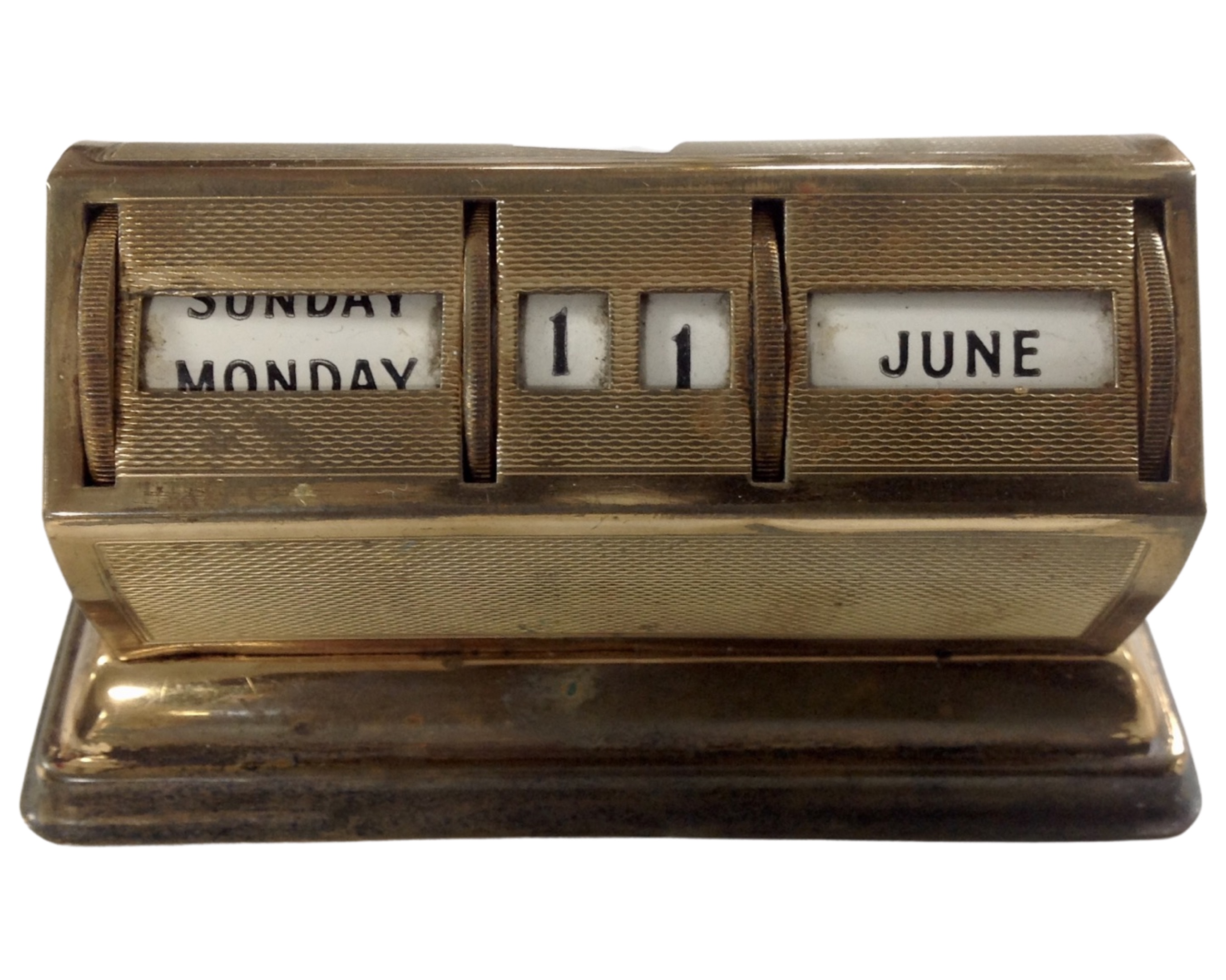 Two 20th century metal scroll calendars, one mounted on leather plinth. - Image 2 of 2
