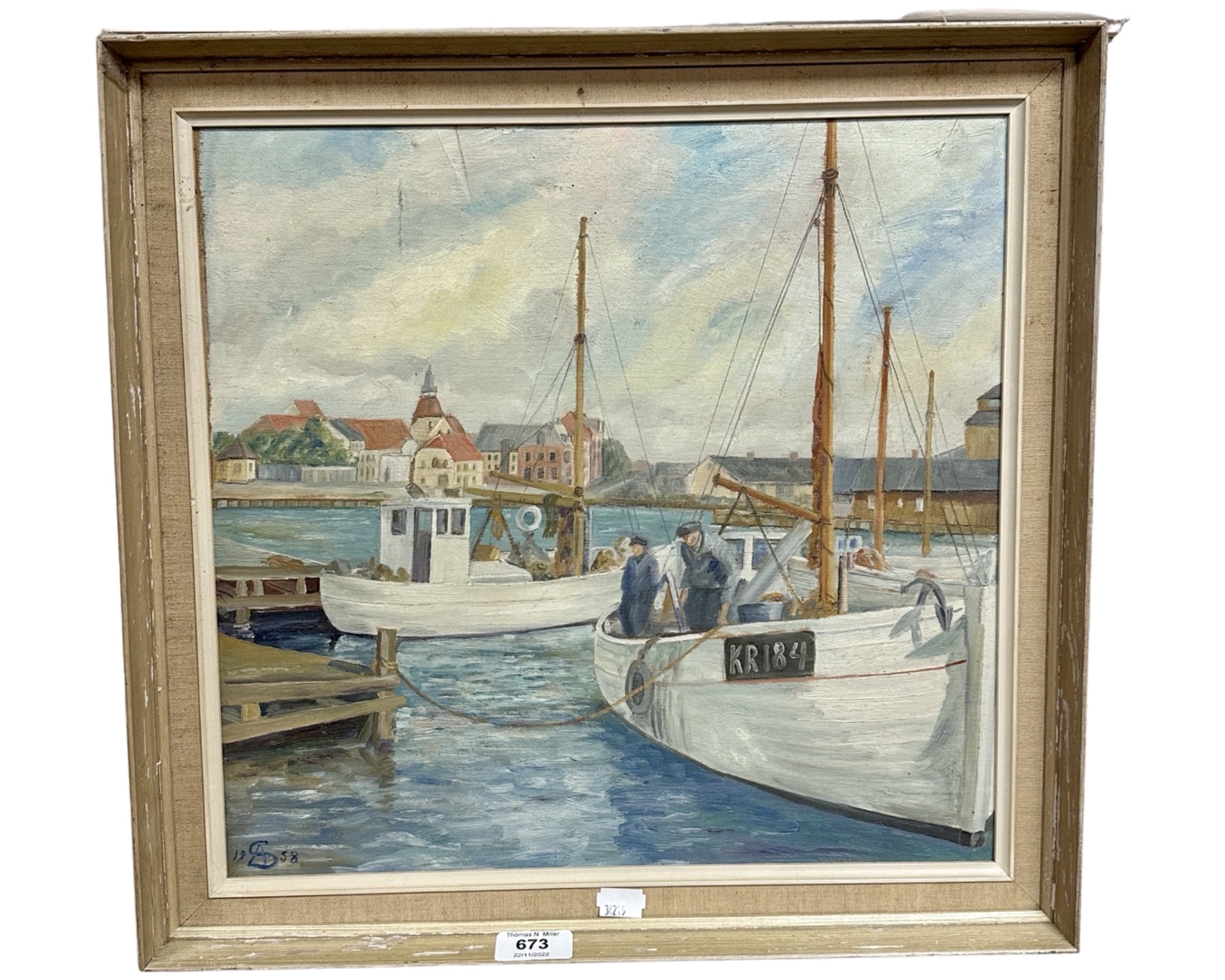 Continental school : Fishing boats by a quayside, oil on canvas, 39cm by 37cm.