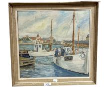 Continental school : Fishing boats by a quayside, oil on canvas, 39cm by 37cm.