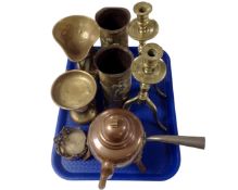 A tray containing antique and later metalware including two trench art ammunition casings,